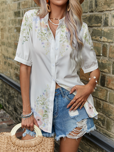 

Loose Floral Stand Collar Blouse, White, Shirts & Blouses