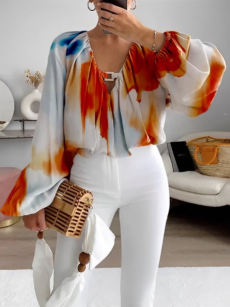 

Vacation V Neck Loose Abstract Shirt, Multicolor, Blouses and Shirts