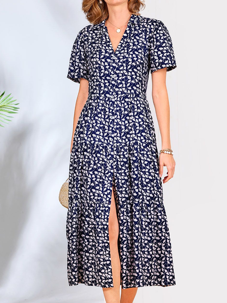 

Loose Ginkgo Biloba V Neck Casual Dress, Dark blue, Dresses