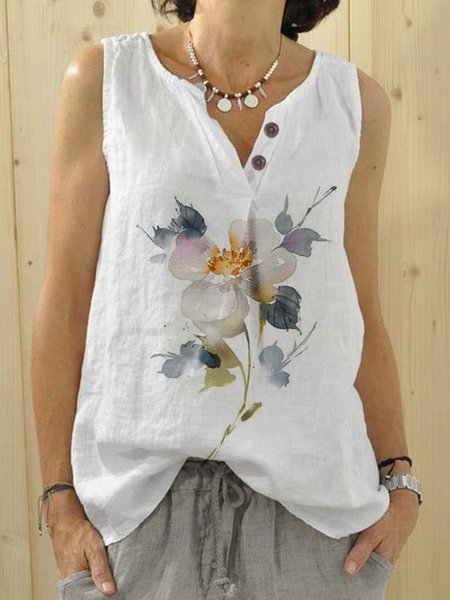 

V Neck Floral Casual Loose Shirt, White, Tank Tops & Camis