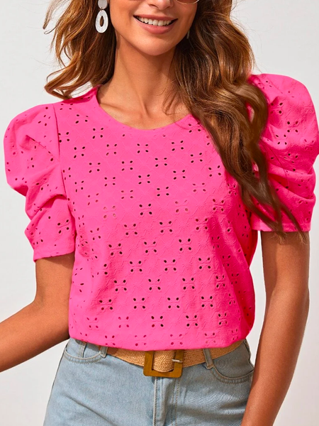 

Casual Plain Crew Neck Puff Sleeve Schiffy Shirt, Pink, Shirts & Blouses