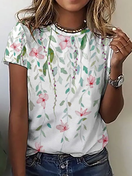 

Women's Flower Print Casual Crew Neck T-Shirt, White, T-shirts