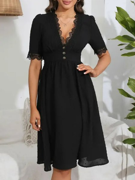 

V-neck Button-embellished Lace Panel Dress, Black, Dresses