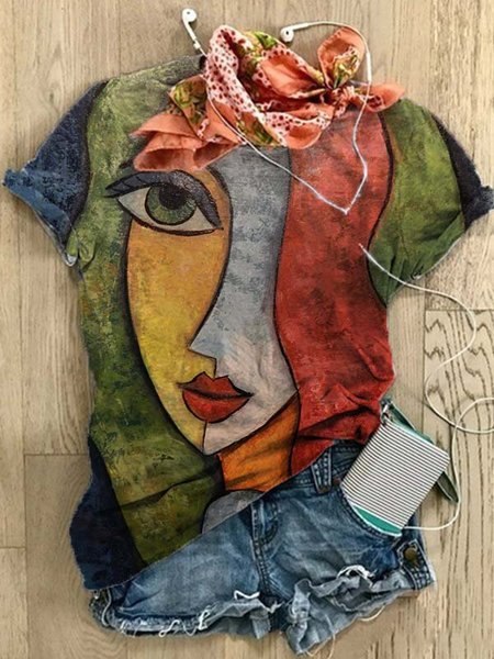 

Plus Size Jersey Painting Crew Neck Casual T-Shirt, Multicolor, T-Shirts