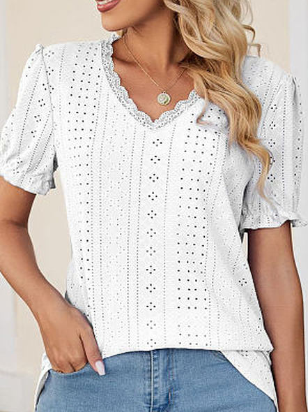 

V Neck Plain Casual Regular Fit Shirt, White, Shirts & Blouses