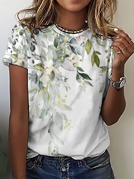 Women's Flower Art Print Casual T-Shirt, As picture, T-shirts
