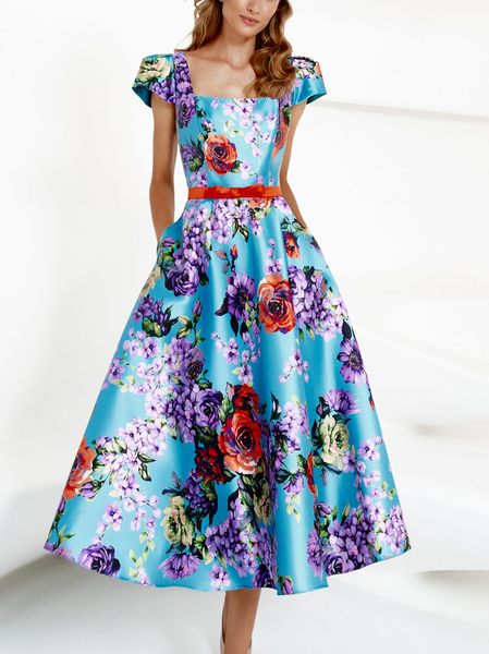 

Regular Fit Elegant Satin Floral Wedding Guest Dress, Blue, Wedding Guest Dresses