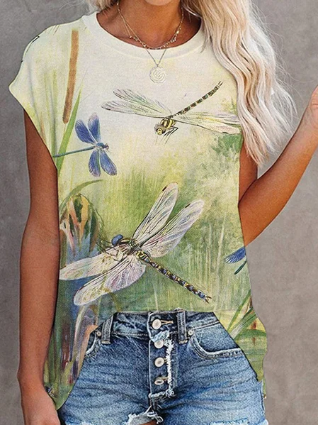 

Crew Neck Casual Dragonfly Knitted T-Shirt, Green, T-Shirts