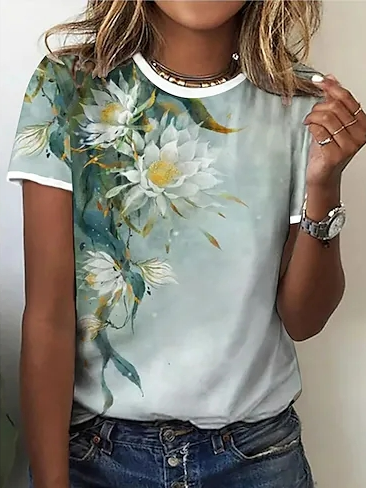 Floral Casual Crew Neck T Shirt