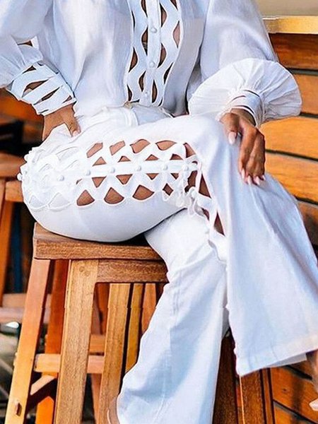 

Plain Elegant Regular Fit Fashion Pants, White, Pants