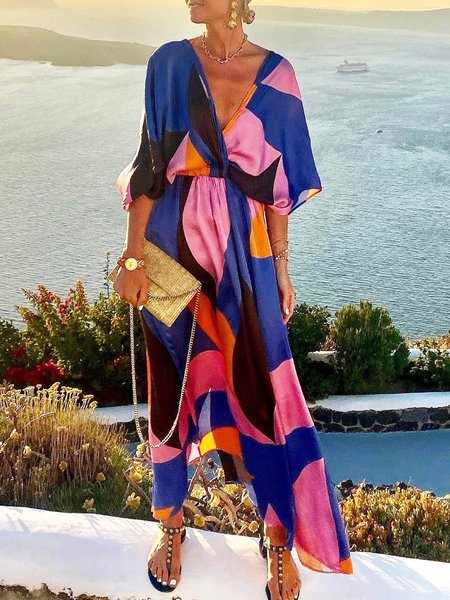 

V Neck Vacation Loose Geometric Dress, Blue, Maxi Dresses