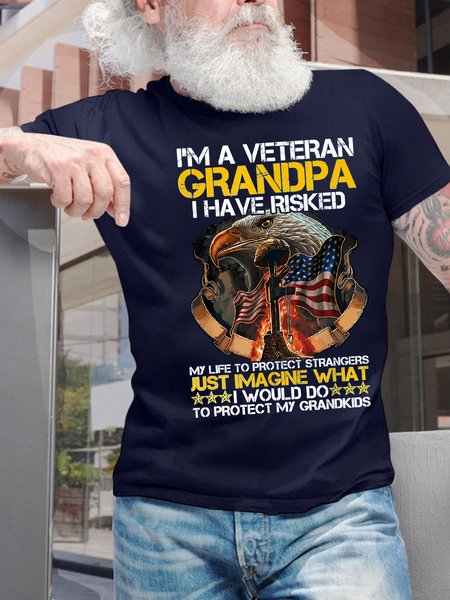 

Men’s I’m A Veteran Grandpa I Have Risked My Life To Protect Strangers Casual Regular Fit Cotton Text Letters T-Shirt, Deep blue, T-shirts