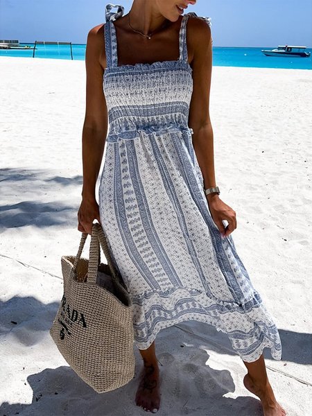 

Boho Ruched Spaghetti Dress, Blue, Dresses