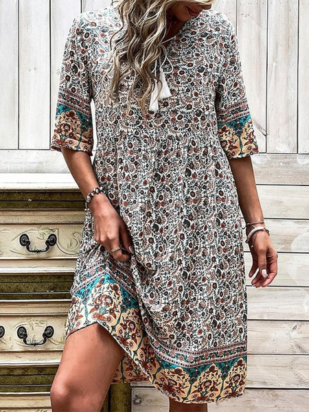 

Boho Ethnic Loose V Neck Dress, Multicolor, Dresses