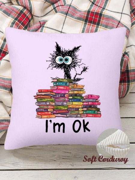 

18*18 Throw Pillow Covers, Cats I'm Ok Funny Books Reading Love Cats Soft Corduroy Cushion Pillowcase Case For Living Room, Purple, Pillow Covers