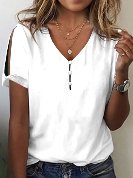 

Plain V Neck Buckle Simple T-Shirt, White, T-Shirts