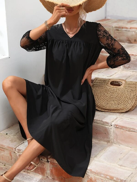 

Loose Lace Simple Dress, Black, Midi Dresses