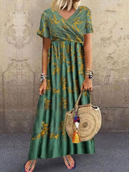 

Casual Loose V Neck Floral Dress, Green, Dresses