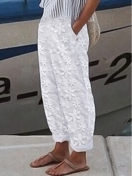 Plain Cotton And Linen Casual Pants, White, Pants