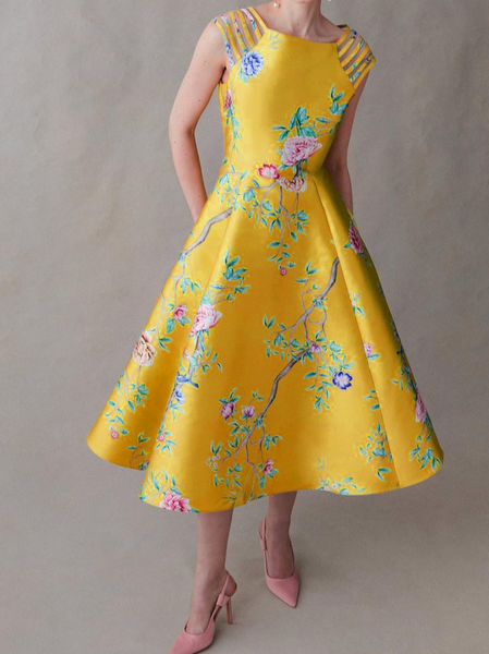 

Multi Strap Yellow Party Dress In Floral, Flower, Wedding Guest Dresses