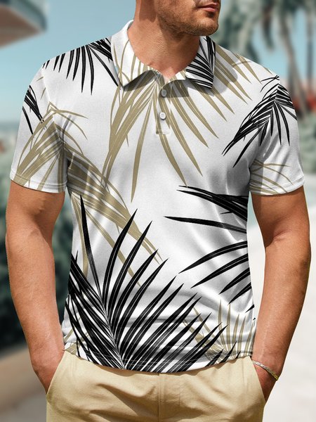 

Men's Tropical Palm Leaf Art Print Polo Collar Text Letters Urban Regular Fit Polo Shirt, As picture, T-shirts