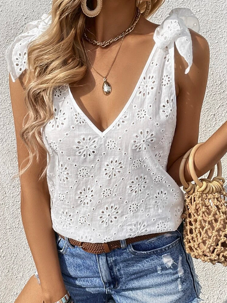 

V Neck Loose Floral Vacation Tank Top, White, Tanks & Camis