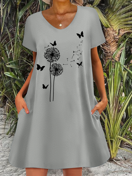 Women's Dandelion Print Casual Dress, Gray, Dresses