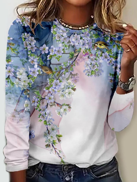 

Women's Bird Art Print Casual Crew Neck Shirt, As picture, Long sleeves
