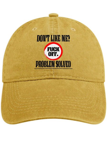 

Men's Don‘T Like Me Fuck Off Problem Solved Funny Graphic Printing Regular Fit Adjustable Denim Hat, Yellow, Men's Hats