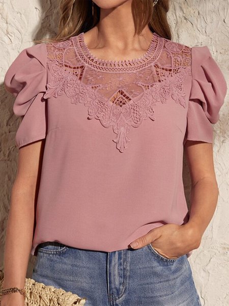 

Crew Neck Regular Fit Elegant Plain Shirt, Pink, Shirts & Blouses