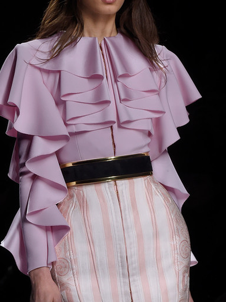 

Plain Regular Fit Crew Neck Long sleeve Elegant Blouse, Pink, Blouses and Shirts