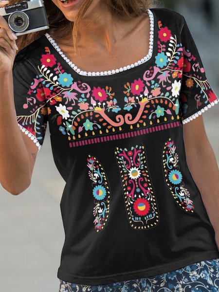 

Square Neck Regular Fit Lace Ethnic T-Shirt, Black, T-Shirts