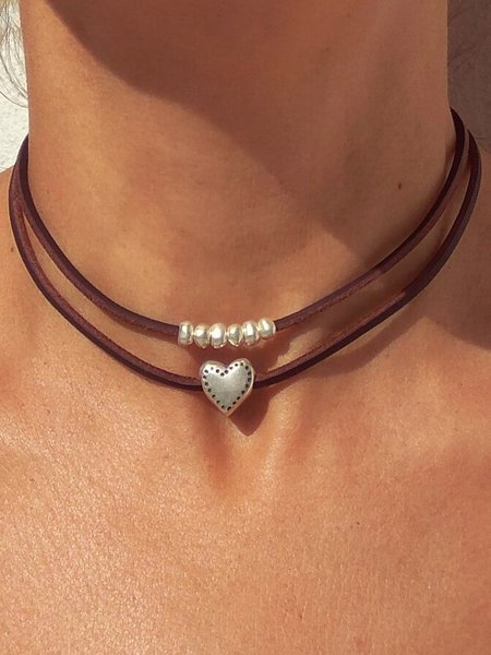 

Leather Silver Heart Pattern Beaded Layered Necklace Western Ethnic Dress Jewelry, Brown, Necklaces