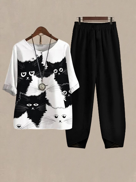 

Loose Casual Cat Crew Neck Two-Piece Set, Black, Suits