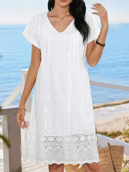 

Vacation Plain V Neck Loose Dress, White, Dresses