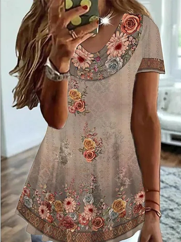 

Floral V Neck Vintage T-Shirt, Khaki, T-Shirts