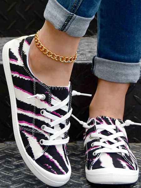

Striped Graphic-Print Lace-Up Canvas Flats, As picture, Sneakers