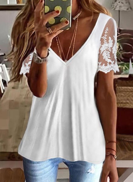 

Casual V Neck Regular Fit Lace Shirt, White, Shirts & Blouses