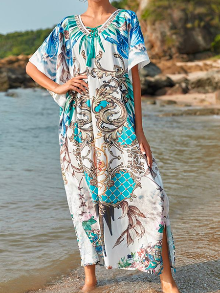 

Color Block V Neck Vacation Dress, Blue, Dresses