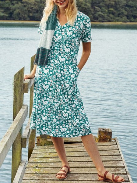 

Floral Knitted Boho V Neck Dress, Green, Dresses