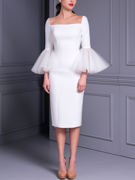 

Flare Sleeve Elegant Square Neck Plain Party Dress, White, Wedding Guest Dresses