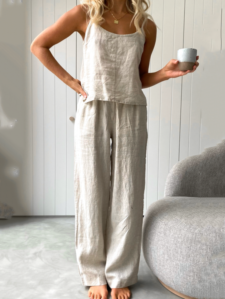 

Summer Outfits Casual Khaki Linen Suits Sleeveness Tank Top and Comfy Pants Two-Piece Sets, Light khaki, Suits