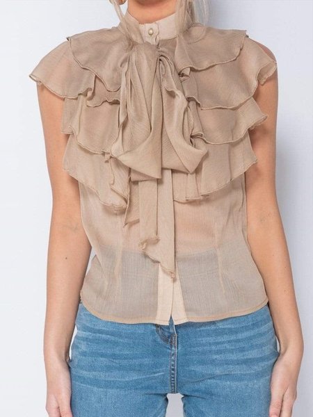 

Regular Fit Chiffon Elegant Stand Collar Shirt, Apricot, Blouses and Shirts