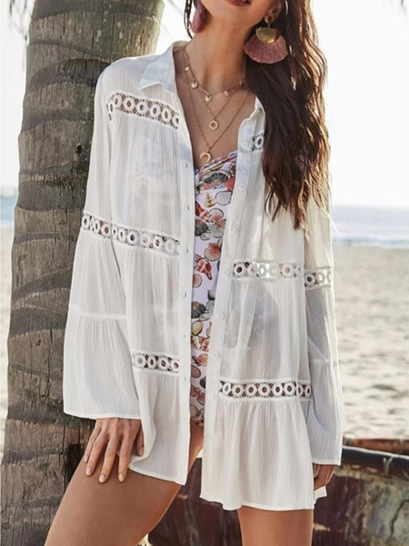 

Vacation Casual Plain Flare Sleeve Cotton And Linen Kimono, White, Cardigans