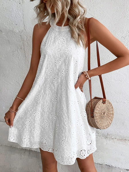 

Eyelet Embroidery Keyhole Back Halter Neck Summer Vacation Dress, White, Mini Dresses