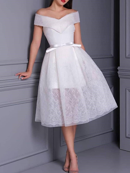 

Elegant White Plain Lace Wedding Party Dress, Midi Dresses