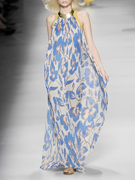 

Vacation Floral Sleeveless Maxi Dress, Blue, Maxi Dresses