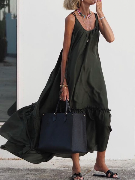 

Loose Vacation Sleeveless Spaghetti Plain Long Dress, Black, Maxi Dresses