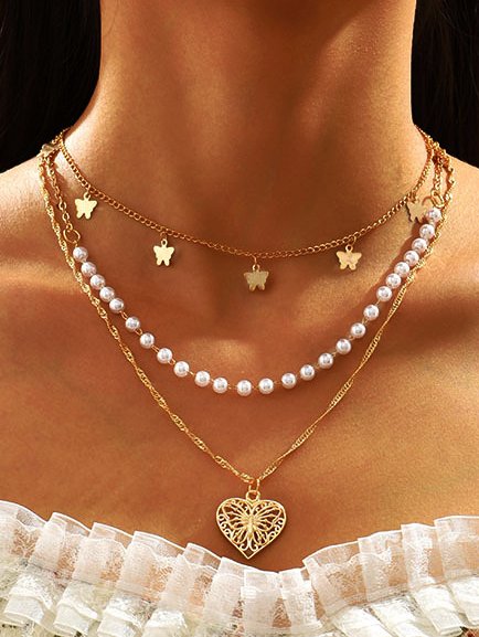 

Leisure Vacation Pearl Hollow Heart Multilayer Necklace Boho Beach Jewelry, Golden, Necklaces