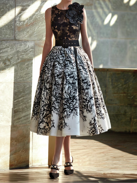 

Crew Neck Lace Floral Elegant Black Party Dress, Black-white, Midi Dresses